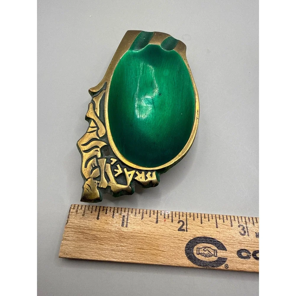Vintage Israel Brass and Green Enamel Trinket Dish Ashtray Ornate Relief 4in - Picture 6 of 8